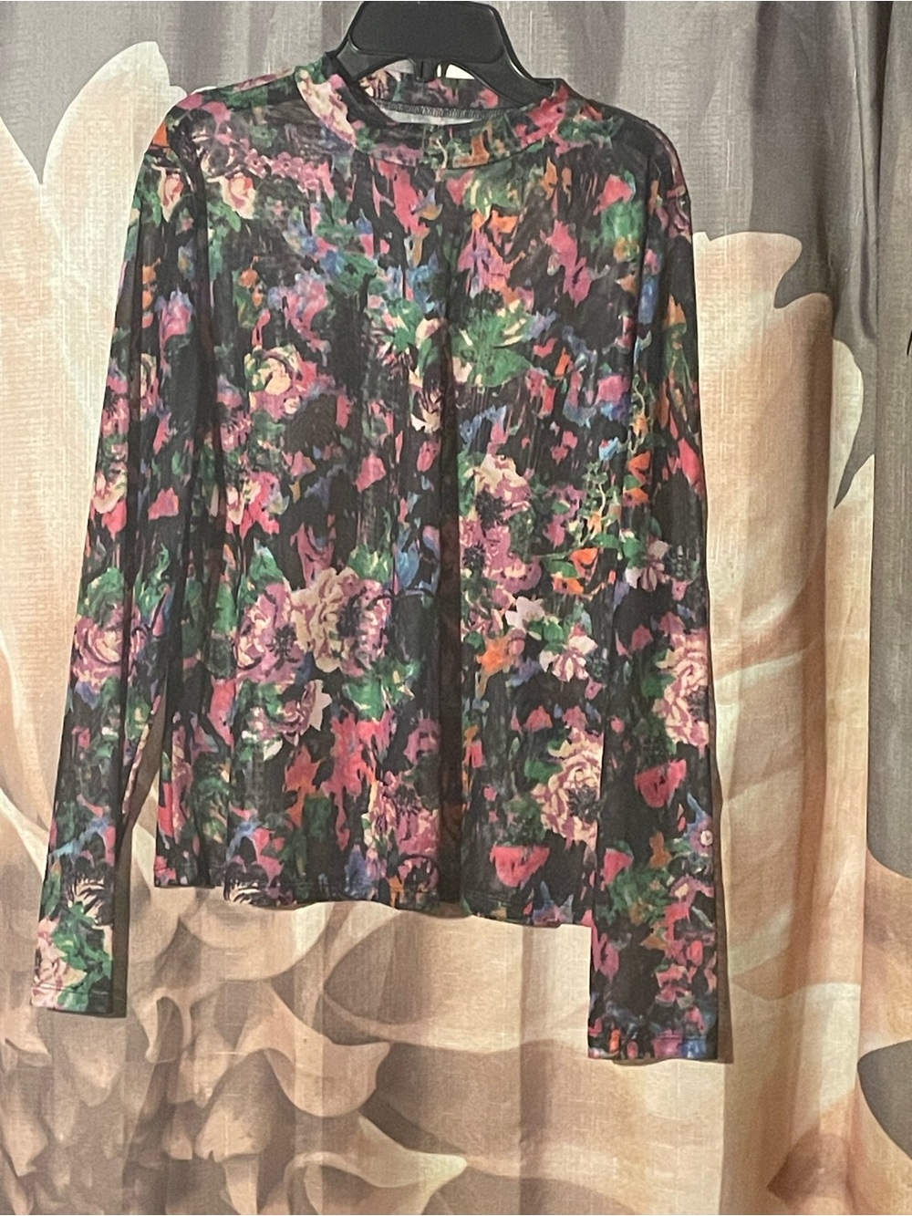 Floral Long-Sleeve Crewneck Top in Multi-ColorSheer Top